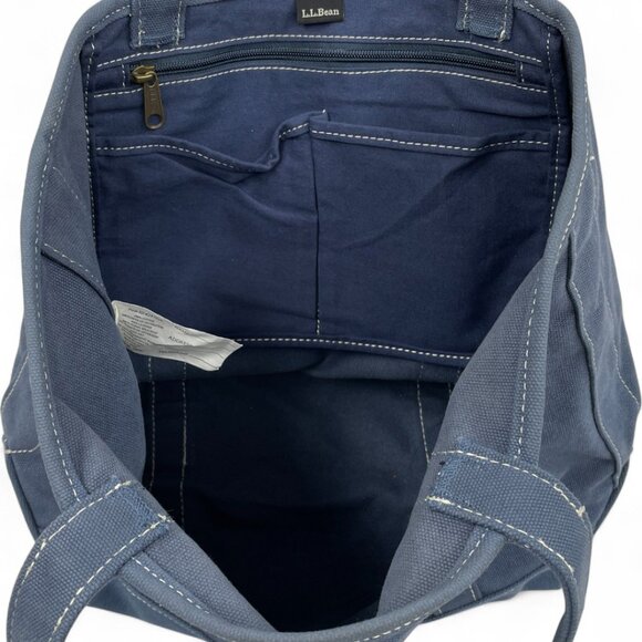 L.L. Bean Blue Cotton Canvas Leather Tote Bag Women's Multiple Pockets - Picture 5 of 9